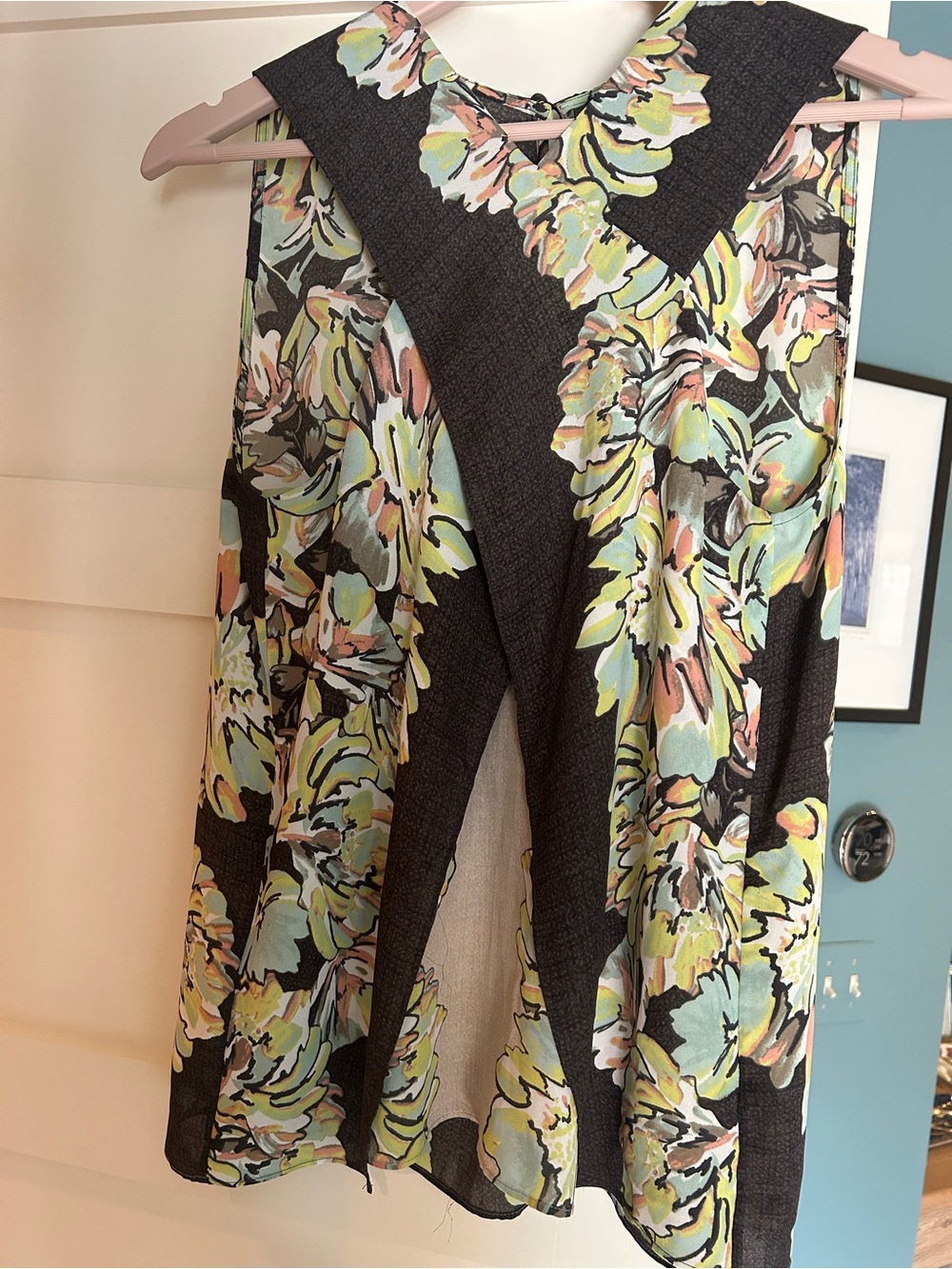 BCBGMaxAzria Brown and Green Floral Sleeveless Cross Top
